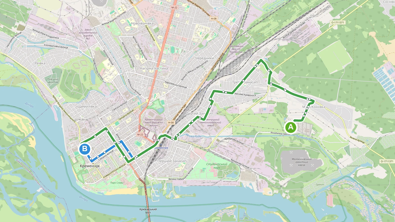 Схема маршруту Маршрутка 13 Кременчук: прямий і зворотний напрямки