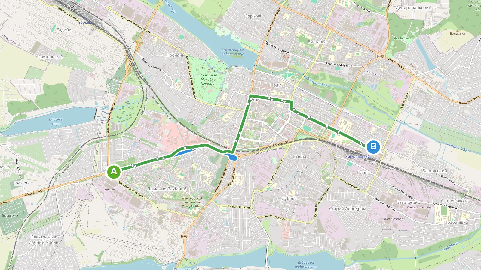 Карта маршруту Тролейбус 14 Хмельницький