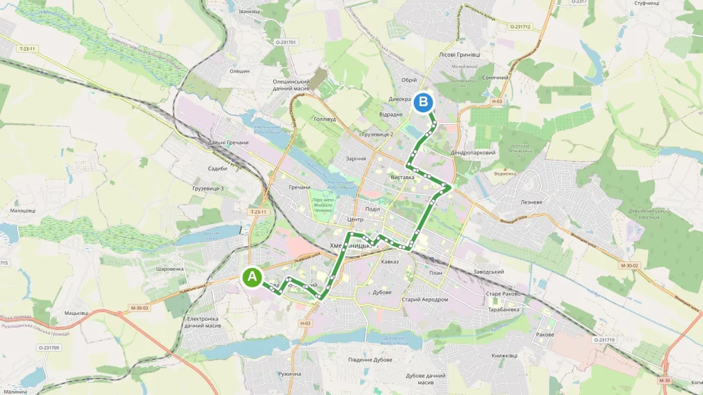 Карта маршруту Тролейбус 2A Хмельницький
