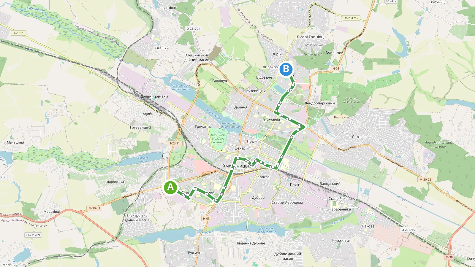 Карта маршруту Тролейбус 2A Хмельницький