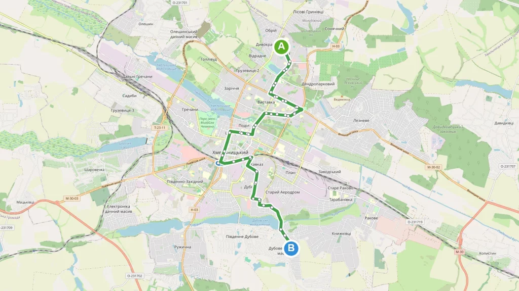 Карта маршруту Автобус 30 Хмельницький