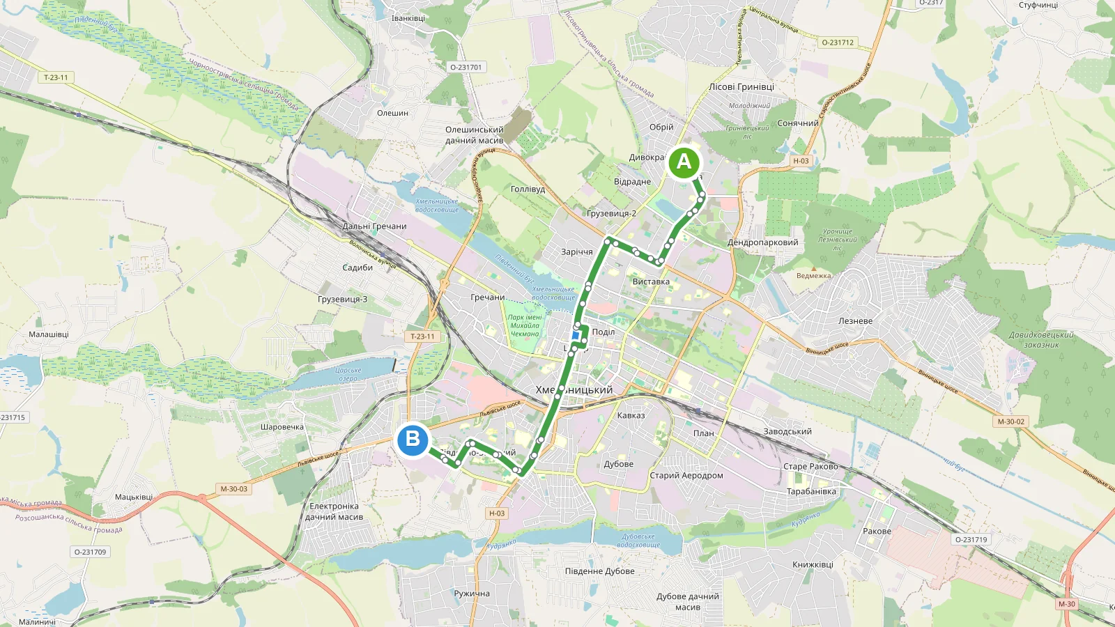 Карта маршруту Тролейбус 11A Хмельницький