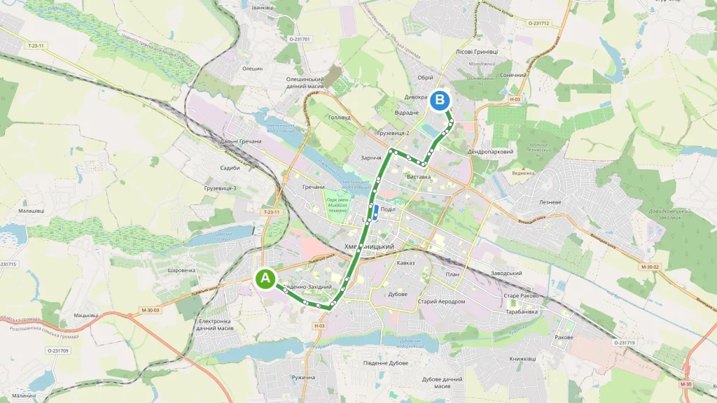 Карта маршруту Тролейбус 11 Хмельницький