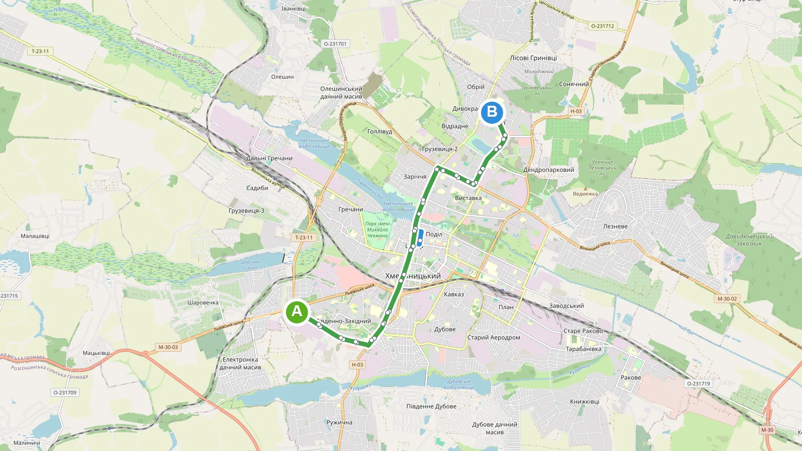 Карта маршруту Тролейбус 11 Хмельницький